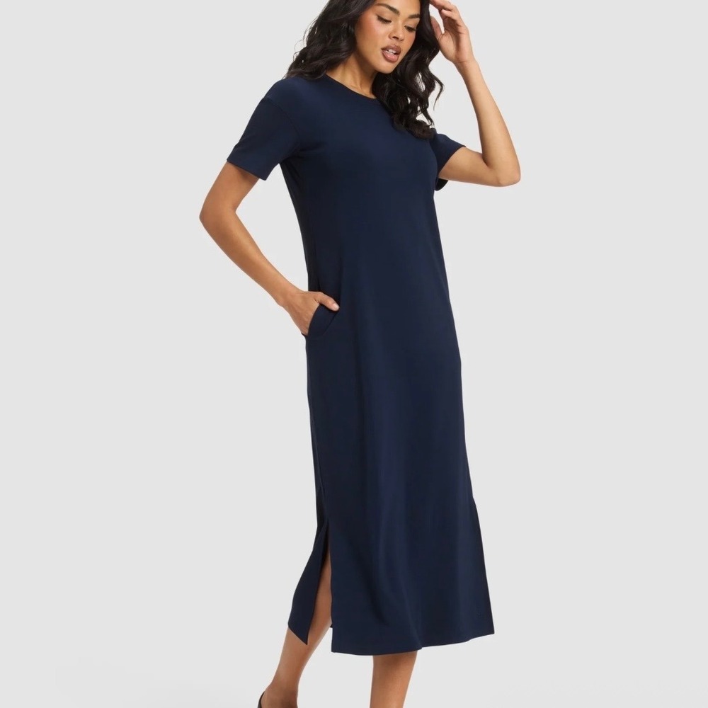 Cozy Earth Brushed Bamboo‎ Short Sleeve Midi Slit Dress in Navy Pockets SZ L